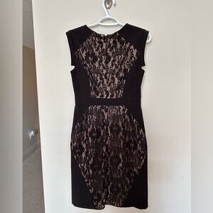 Adrianna Papell Lace Nude and Deco Floral  Black Midi Dress